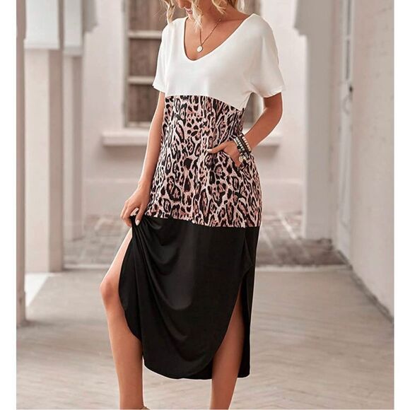 Colorblock leopard casual T-shirt maxi dress size large - Picture 1 of 6